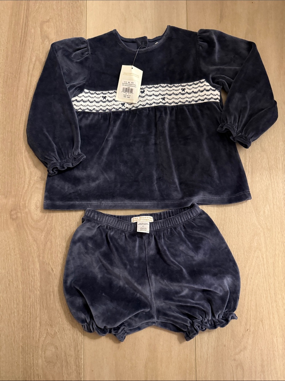 TBBC NWT Navy Blue velour two piece set with Smocked Detail